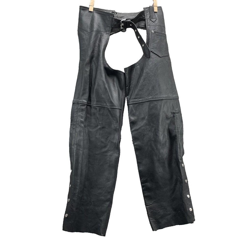 Genuine Leather Chaps Men Large Black Motorcycle Biker Western Cowboy Riding 90s